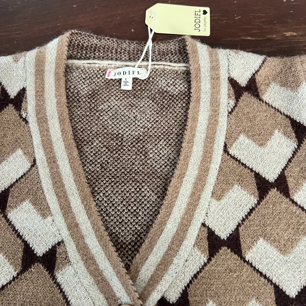 JODIFL Geometric Patterned Cardigan | Tan/Brown/White | L - Picture 4 of 15